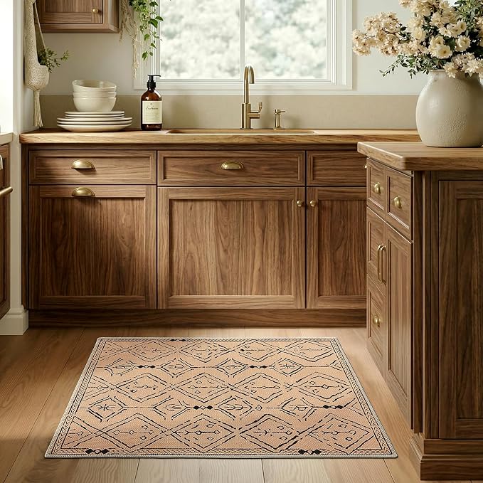 jinchan 2x3 Faux Jute Area Rug Washable Moroccan Entryway Rug, Warm Taupe | Neutral Boho Geometric, Non-Slip, Low Pile, Indoor Outdoor, High-Traffic, Kitchen, Bathroom, Laundry Room, Porch, Balcony