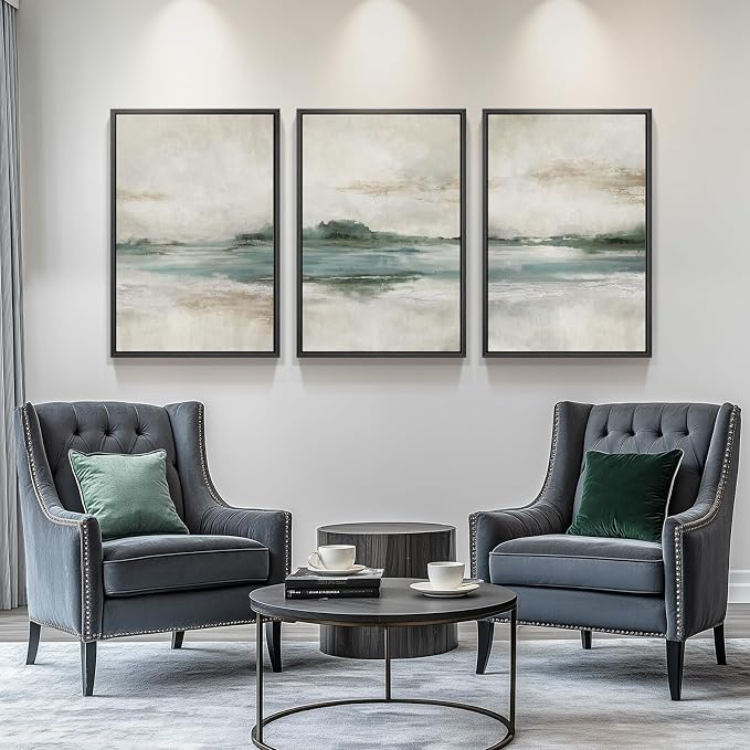 Large Framed Blue Green Abstract Landscape Wall Art, 3 Piece Set, 20x30 In | Soft nature lake picture, Canvas prints, Modern artwork for walls, Wall decor for living room dining room bedroom home office