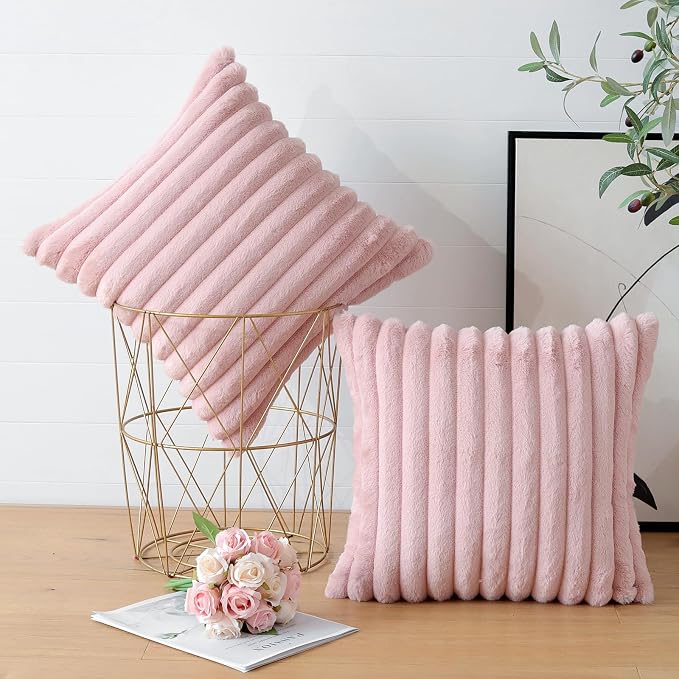 Soleebee Set of 2 Throw Pillow Covers Soft Cozy Velvet Pillowcase Faux Rabbit Fur Cover for Couch Sofa Bed Chair Home Decorative Pillows Cover (20x20 Inch, Blush Pink)