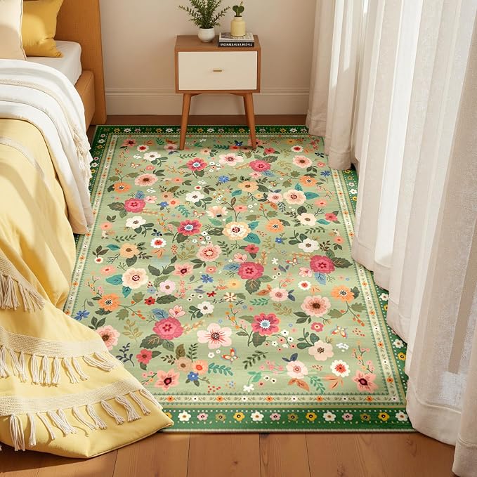 Washable Floral Area Rug for Living Room 4x6 Light Green | Non-Slip，Vacuum-Friendly, Low Pile, Flower Carpet for Bedroom Kitchen Entryway Dining Room Office Nursery