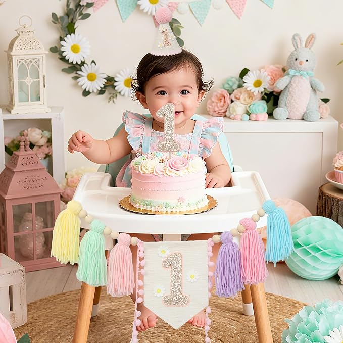 JUIIZAY Pastel First Birthday Decorations for Girl 1st High Chair Banner