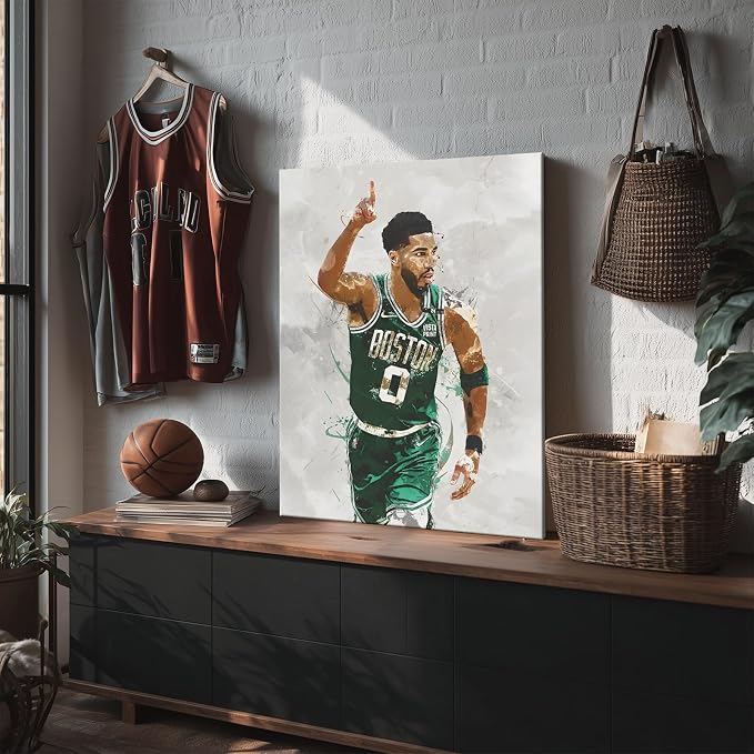 Jayson Tatum Basketball Canvas Wall Art, Sports Player Poster, 8x10 Inch | Abstract splash ink athletic artwork, motivational sports wall decor for teen boys room, bedroom, living room, gym or office