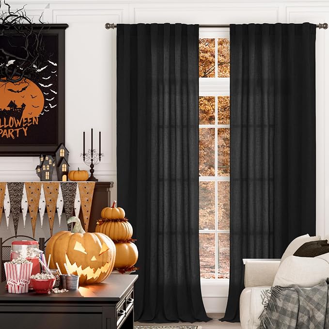 YoungsTex Black Linen Curtains for Living Room 95 Inch Length, Light Filtering Window Drapes with Rod Pocket Back Tab Semi Sheer for Farmhouse Bedroom, 2 Panels, 52 X 95 Inch