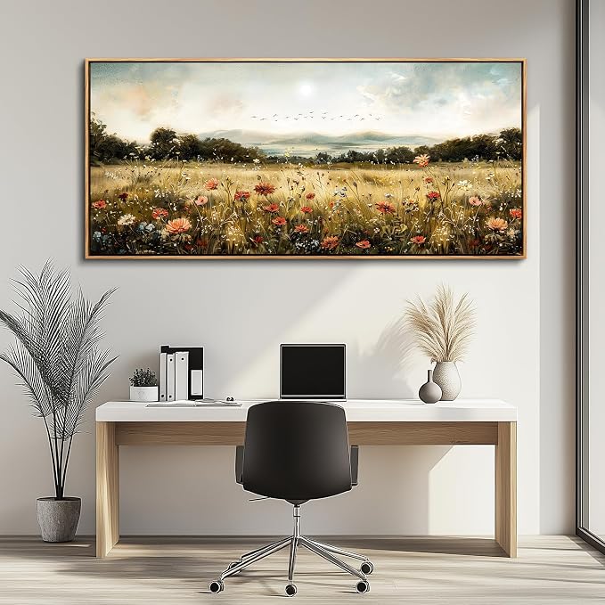 KELIYUAN Large Canvas Wall Art For Kitchen Dining Room Vintage Decor, Lawn Paintings With Flowers Wall Decorations Prints Home Office Living Room Bedroom Restaurant Home Decor 32"X72" Wooden Frame
