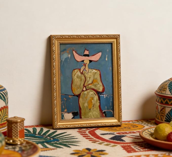 Vintage Gold Framed Bar Wall Art, Modern Western Cowgirl With Martini Canvas Print, Red and Pink Abstract Woman Painting Picture, Cocktail Poster Print Artwork for Kitchen Dining Room Home Bar