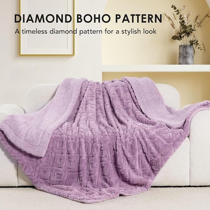EverGrace Jacquard Reversible Sherpa Throw Blanket, 60" x 80", Mauve Purple | Jacquard Sherpa Throw Blanket, Super Soft, Cozy Plush Blanket, Reversible Thick Warm Throw for Bed, Sofa, Living Room