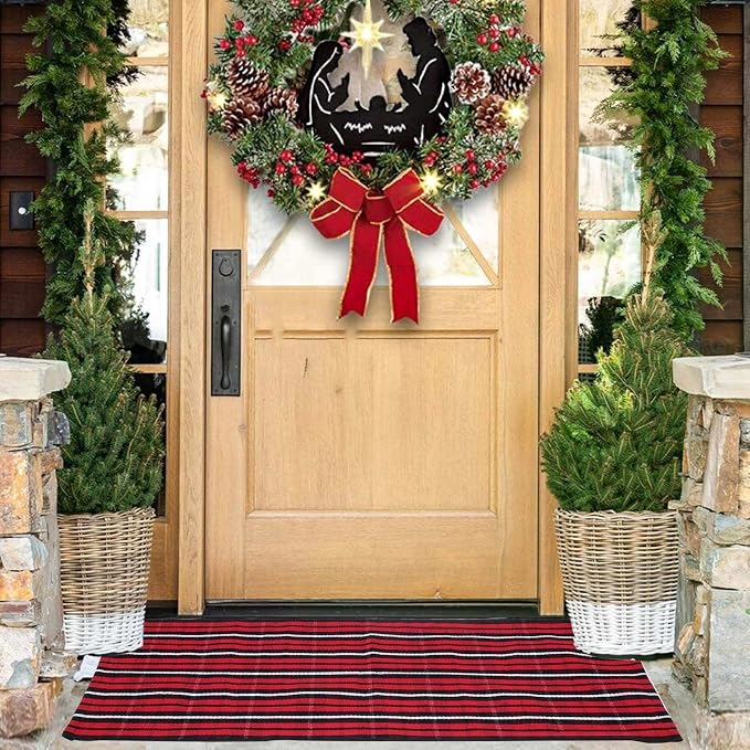Christmas Buffalo Plaid Rug 27.5x43 in, Red Black Indoor Outdoor Rug | Cotton Blend, Hand-Woven Look, Machine Washable, Layering Rug, Porch Entryway Decor
