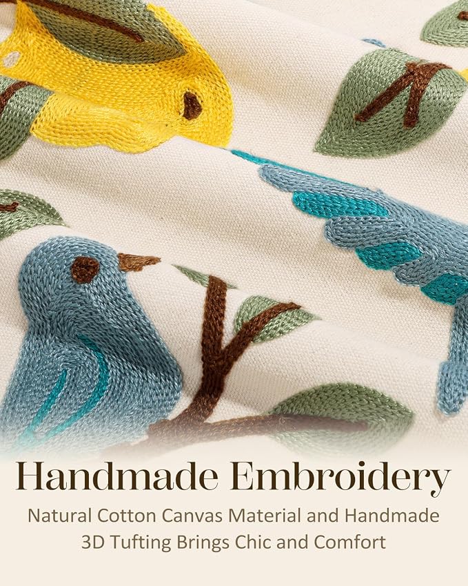 Embroidered Throw Pillow Cover 18x18 Inch, Bird Lemon | Decorative Pillow Cover, Farmhouse Cushion Case with Hidden Zipper, Cottagecore Decor for Couch, Sofa, Living Room, Bedroom