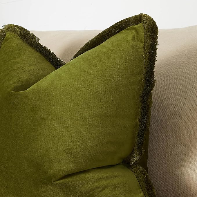 JUSPURBET Olive Green Decorative Lumbar Velvet Fringe Throw Pillow Covers 12x20 Set of 2 Boho Soft Cushion Case for Home Decor Living Room Couch Sofa Bed