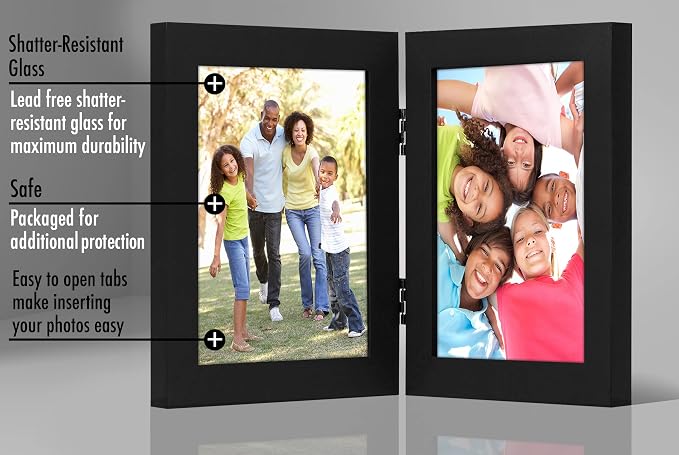 Americanflat Hinged 8x10 Picture Frame with Shatter-Resistant Glass - Double Picture Frames with Engineered Wood - Signature Collection - Photo Frame for Tabletop Display - Black