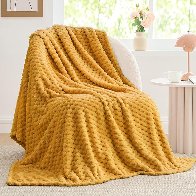 BEDELITE Mustard Yellow Twin Blanket for Couch, Soft Cozy Gifts for Women | 3D Jacquard Decorative Fleece Blanket, Super Soft Plush Throws, Cute Birthday Gift for Women, Suitable for All Seasons, 60*80