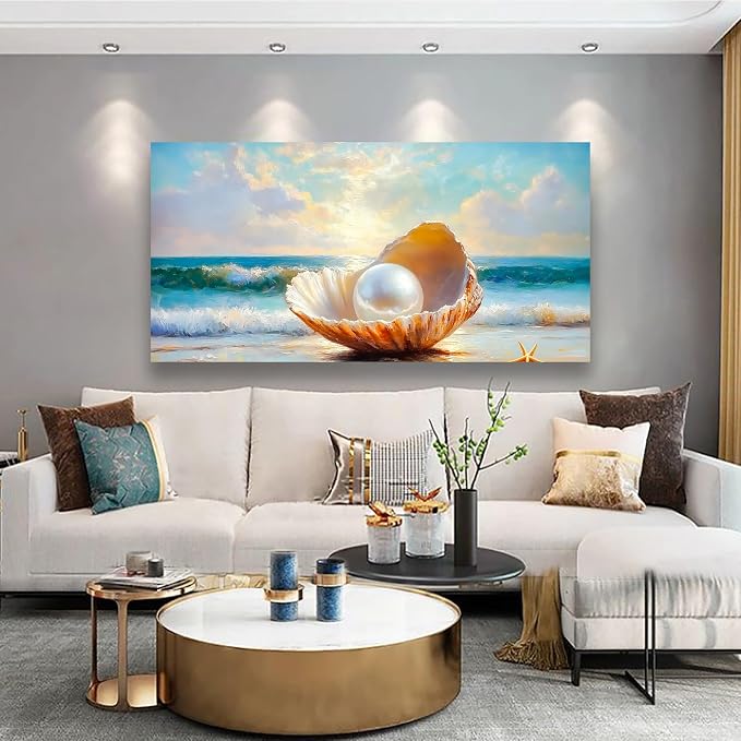 Seashells Pearls Pictures Canvas Wall Art Living Room Office Bedroom Wall Decor Sea Landscape Wall Art Prints Modern Blue and White Landscape Artwork Waterproof Ready to Hang - 20x40 inches