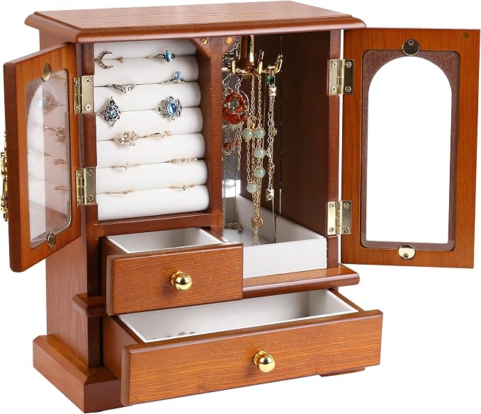 Kendal Wooden Jewelry Box for Women, Graduation Gift Solid Jewelry Holder Organizer, Mothers Day Gifts Wood Jewelry Case with Mirror for Necklaces, Earring, Rings (2 Side Door, Oak)