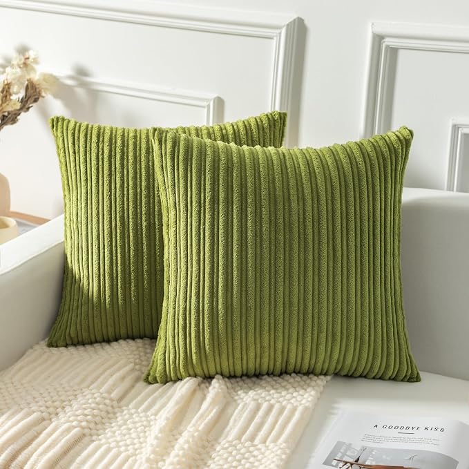 Kevin Textile Striped Corduroy 22”x22” Pillow Covers 2 Pack, Green