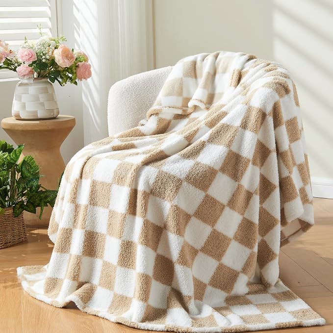 NEWCOSPLAY Knitted Throw Blanket for Couch Sofa Bed, Brown White, 60"x80" | Super Soft Plush, Fuzzy Fluffy Microfiber, Lightweight Cozy Blanket for Room Decor, All Season Use