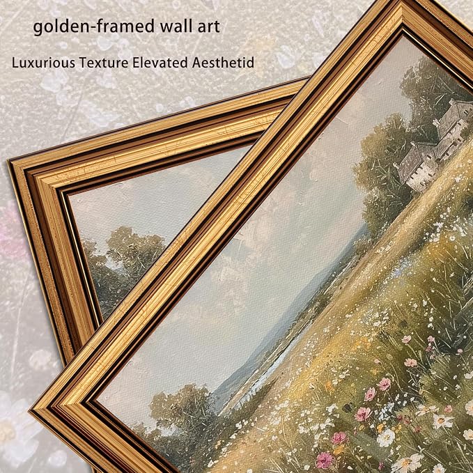 Vintage Gold Framed 3D Textured Wall Art Country Wildflower Field River Wall Decor Picture Summer Farmhouse Nature Rustic Cottagecore Landscape Poster Print for Gallery Home Decoration 9x11in