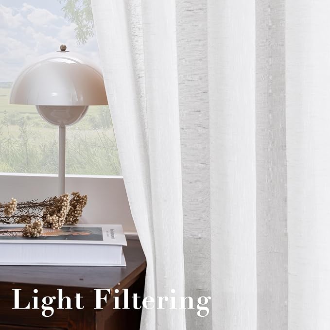 H.VERSAILTEX White Linen Sheer Curtains for Living Room Farmhouse Flax Linen Blended Curtain Panels Light Filtering Privacy Curtains 84 inch Length 2 Panels Grommet Drapes, 52" W x 84" L, Pure White