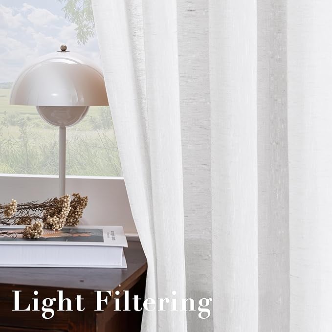 H.VERSAILTEX Linen Curtains Nickel Grommet Natural Linen Semi-Sheer Curtains 2 Panels Privacy Added Premium Soft Rich Material Drapes for Bedroom/Living Room - 37x84 Inch- Pure White