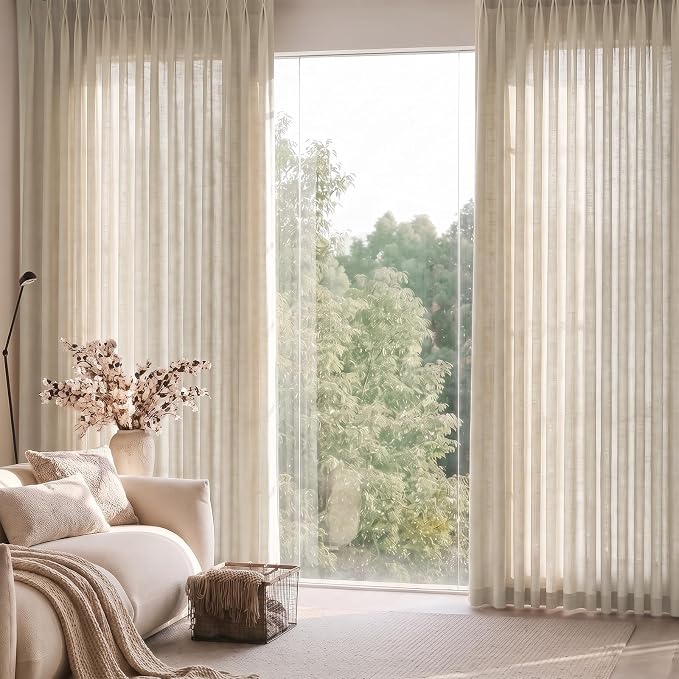 Pleated Linen Sheer Curtains 96 Inches Extra Wide Drapes Light Filtering | Pinch Pleated, Living Room, Semi Sheer, Sliding Door, Hook Rings, Non See Through, W70xL96, 1 Panels, Burlywood Birch