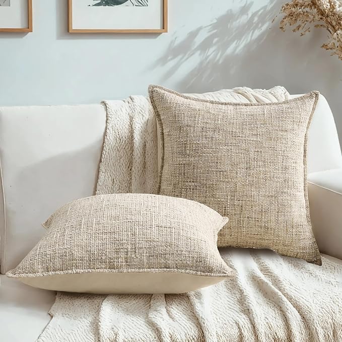 HAUSSY Pack of 2 Chenille Tweed Throw Pillow Covers 24x24 Inch, Beige