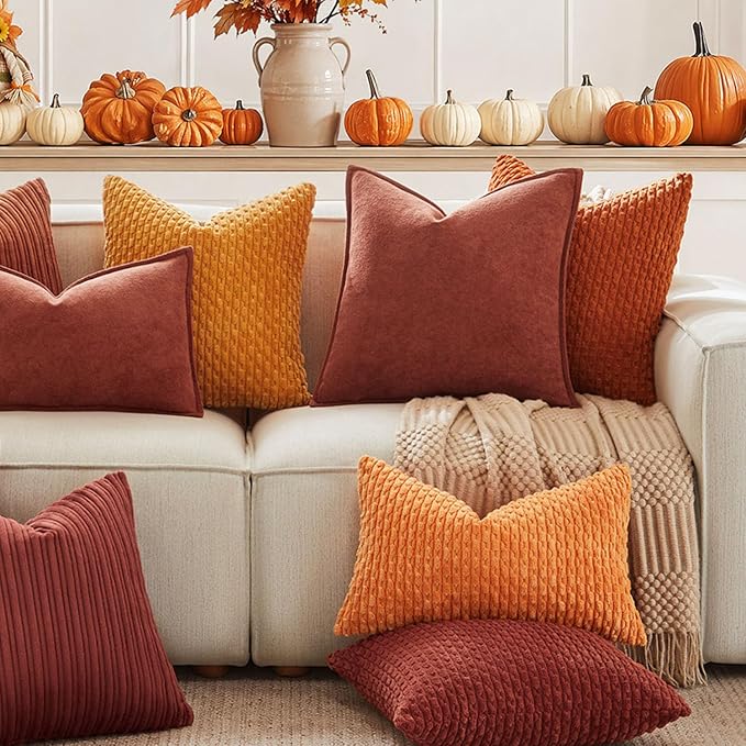 Kevin Textile Striped Corduroy 16”x16” Pillow Covers 2 Pack, Burnt Brick