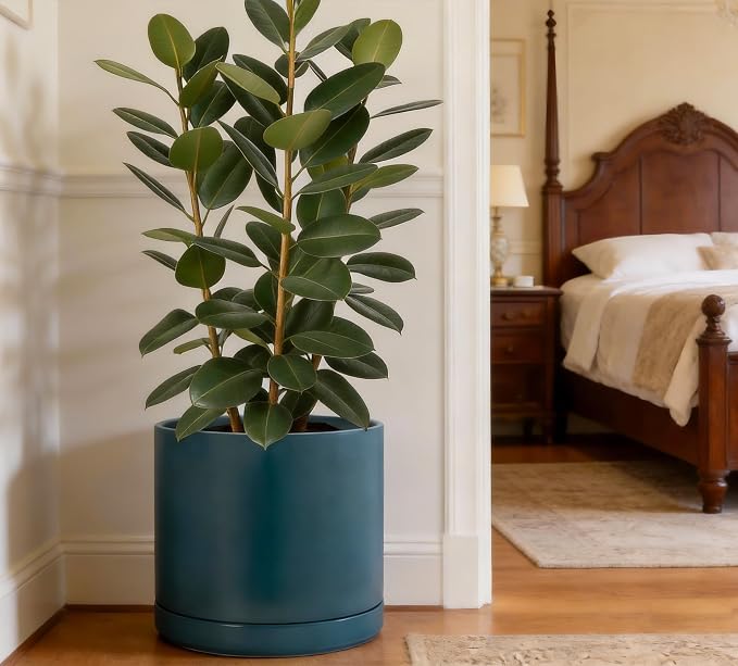 D'vine Dev 14 Inch Ceramic Planter Pot, Teal, 94-O-G-9 | Modern Cylinder Design, Drainage Hole & Saucer Included, Stable Structure, Elegant Home Accent