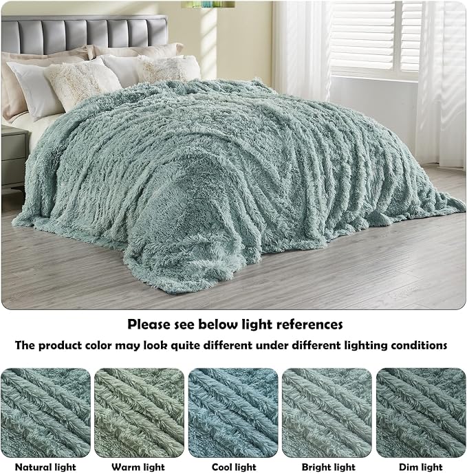 GONAAP Fuzzy Faux Fur Queen Blanket for Couch, Ice Blue, 90"x90" | Warm Cozy Plush Shaggy Decorative Reversible Thick Non-Heated Fleece Blanket for Sofa Bed, Gift for Women Men, All Season Use