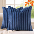 Pack of 2 Throw Pillow Covers 20x20 Decorative Solid Plush Faux Fur with Soft Velvet Back, Square Striped Cushion Cases Modern Farmhouse Home Decor for Living Room Couch Sofa Bed Navy Blue