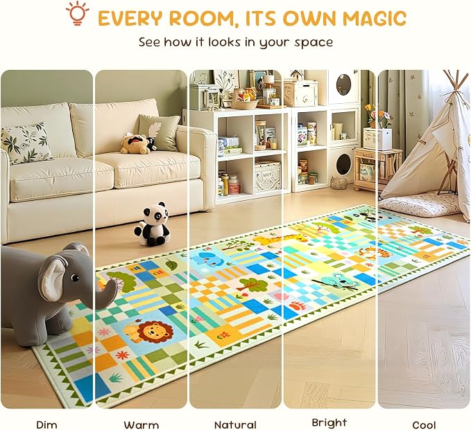 2x3 Small Green Area Rug - Washable Non-Slip Entryway Mat - Soft Playroom Carpet with Cute Colorful Animals & Checkered Design - Low Pile Home Decor Rug