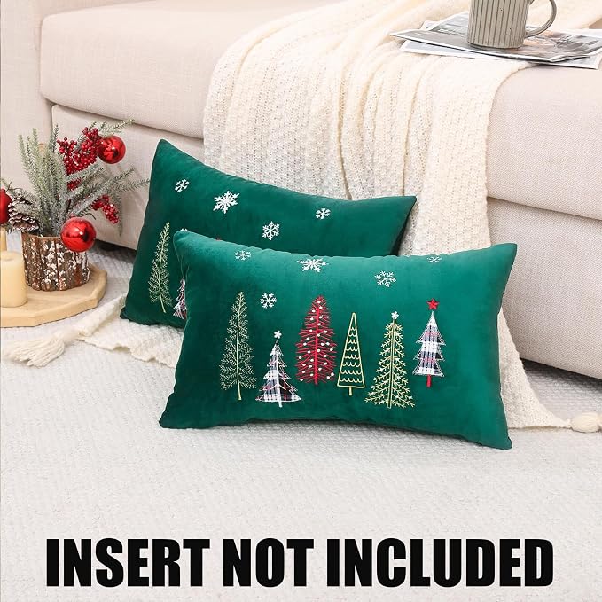 Christmas Embroidery Throw Pillow Covers 12 x 20 inch Set of 2 Christmas Dec Velvet Pillowcases Forest Green Xmas Trees Cushion Pillow Cases Soft Lumbar Holiday Pillowcase