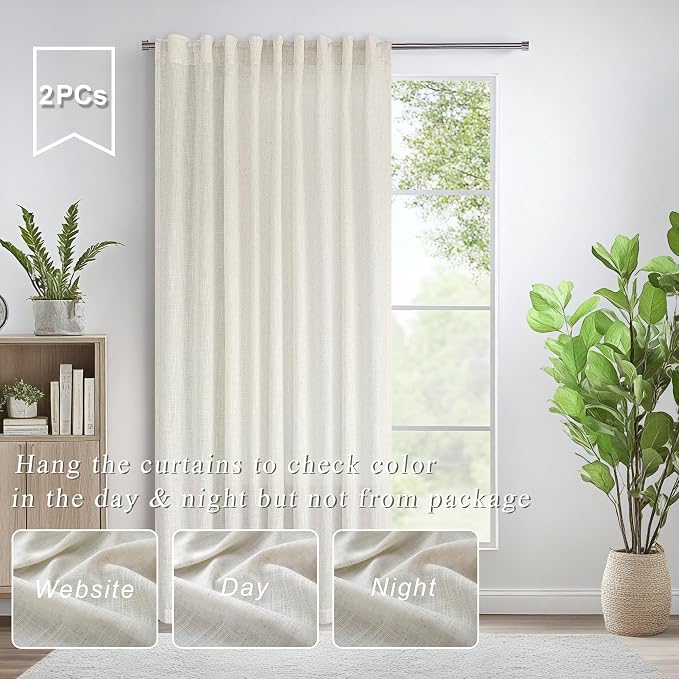 Pitalk 60 Inch Wide Curtains for Kids Bedroom Boys Girls 90 Inches Long 2 Panels Back Tab Pocket Natural Linen Sheer Extra Wide Large Cream Ivory Curtains for Nursery Room Playroom Closet Doors 60x90
