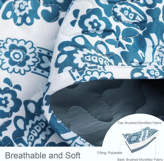 Exclusivo Mezcla Reversible Boho Quilts Queen Size Blue | Lightweight Soft Bedspreads, All Season Damask Coverlet Bedding Set, Printed Floral Pattern, 1 Quilt and 2 Pillow Shams