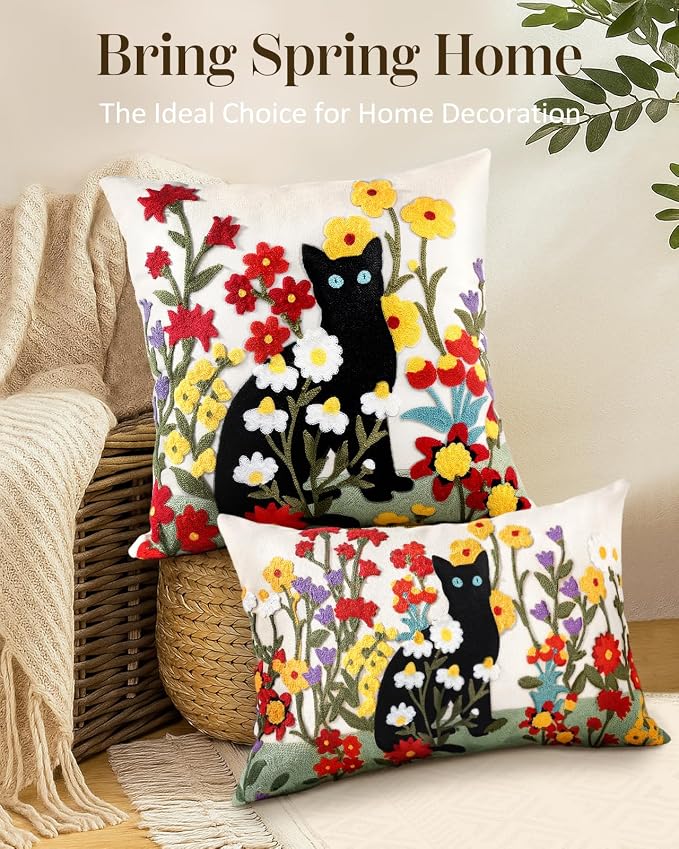 Embroidered Lumbar Pillow Cover - 20x12 Decorative Pillow Cover with Zipper Aesthetic Cute Design Boho Spring Summer Throw Pillowcase for Living Room Couch Sofa Bed, Flower Cats