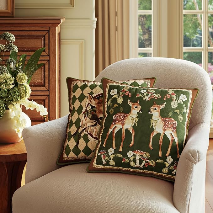 Vintage Christmas Pillow Cover 18x18, Checkered Deer | Designer High End Deer Pillow Cover, Green Velvet Throw Pillow Decorative for Couch Sofa Bedroom Home Holiday