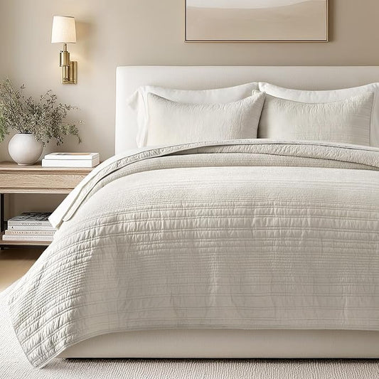 EVERGRACEHOME 100% Cotton Modern Lines Quilt Set King Size, Birch | Pre-Washed Soft Cotton, Striped Coverlet Bedspread, 3 Piece Lightweight Bedding Set for All Season, with 2 Pillow Shams