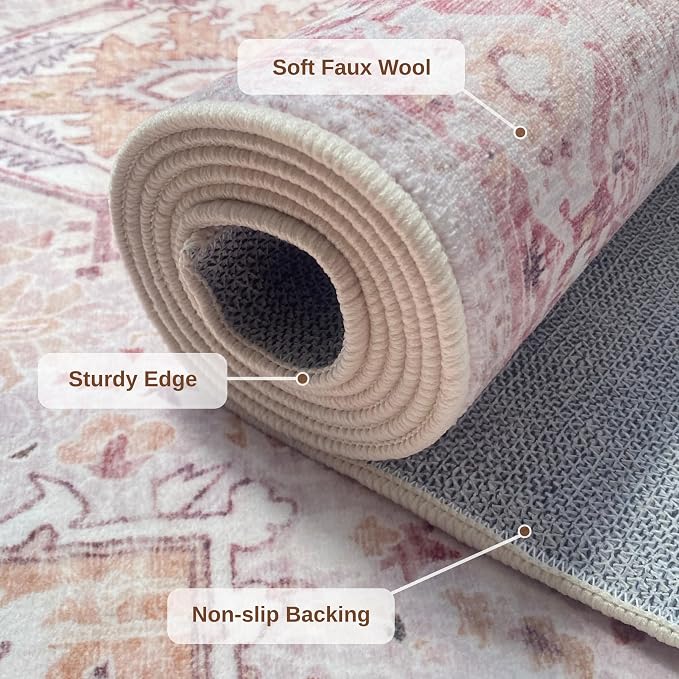 Pink Washable Rug 2x3, Non Slip Indoor 2x3 Entryway Rug | Soft faux wool, machine washable & stain resistant. Non-slip rubber backing, low pile. For entryway, kitchen, hallway.