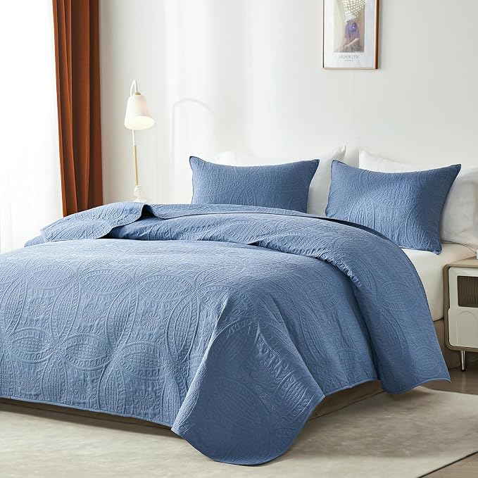 akkialla Twin Quilt Bedding Set,Bluish Grey Ultrasonic Quilt Set,Lightweight Soft Bedspread Coverlet,Modern Style Coin Pattern Bed Cover for All Seasons,2 Piece(1 Quilt,1 Pillow Sham)