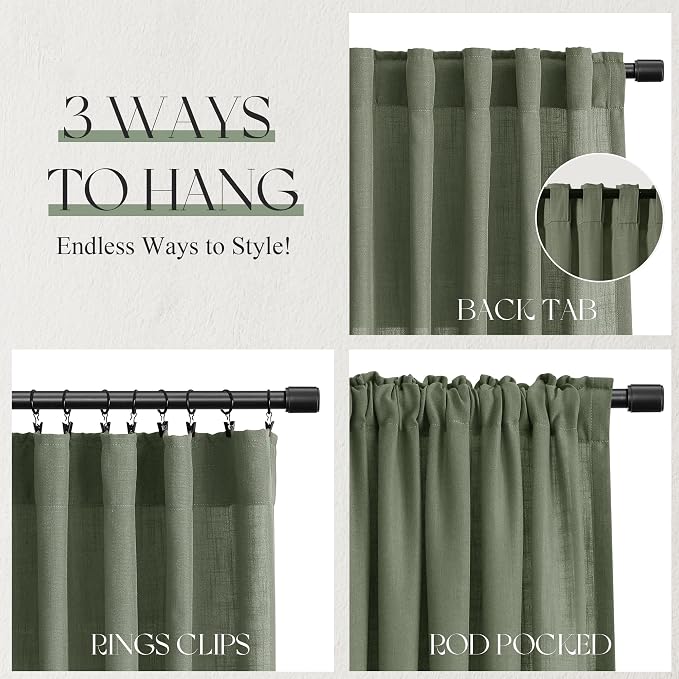 Jowels Loden Green Linen Curtains 84 Inch Long 2 Panels for Living Room | Olive Green Light Filtering Sheer Curtain,Back Tab Pocket Pleated Look, Farmhouse Textured Privacy Drapes for Bedroom Window