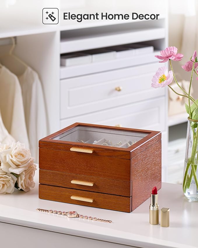 Lolalet Jewelry Box, Clear Window Wood Grain Jewelry Storage for Earrings Bracelets Necklaces Rings, High Capacity Organizer for Women, Valentine's Day Gift -Cherrywood, 3 Layers