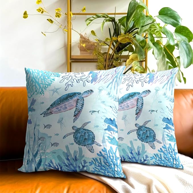 Set of 2 Sea Turtle Throw Pillow Cover 18x18 inch Nautical Coastal Ocean Coral Decorative Pillowcase Underwater Tropical Ocean Teal Blue Summer Cushion Covers for Home Couch Sofa