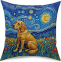 Fokongna Decorative Pillow Covers Vincent Van Gogh's The Starry Night, with a Golden Retriever in a Grassy Field Full of Blooming Flowers for Couch Home Bedroom Living Room 18 x 18 Inch Pillow Covers