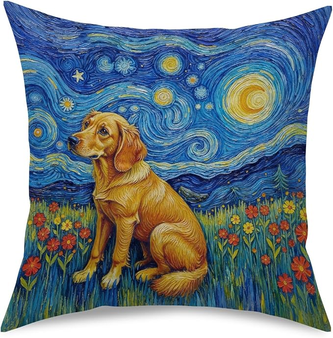 Fokongna Decorative Pillow Covers Vincent Van Gogh's The Starry Night, with a Golden Retriever in a Grassy Field Full of Blooming Flowers for Couch Home Bedroom Living Room 18 x 18 Inch Pillow Covers