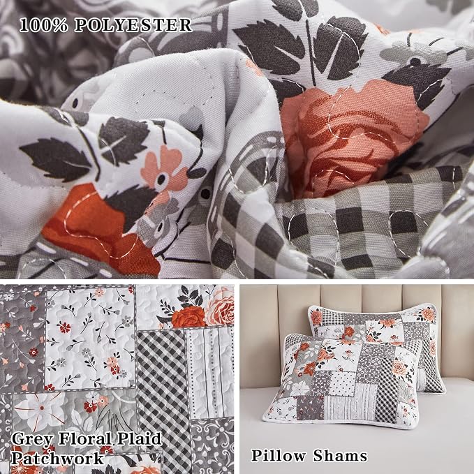 Patchwork Quilt Set King Size, 3 Pieces Grey White Floral Plaid Summer Bedspread Coverlet Set, Soft Microfiber Reversible Lightweight Bed Cover for All Season (102" x 90", 1 Quilt+ 2 Pillow Shams)