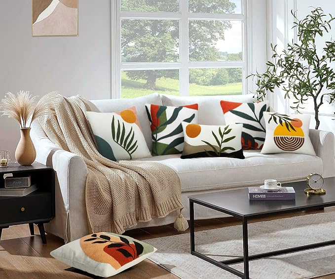 Merrycolor Boho Decorative Throw Pillow Covers 18x18 Tufted Abstract Mid Century Modern Pillow Covers Aesthetic Boho Pillows Decorative Pillows for Bed Couch Sofa Living Room Dark Green Orange（A）