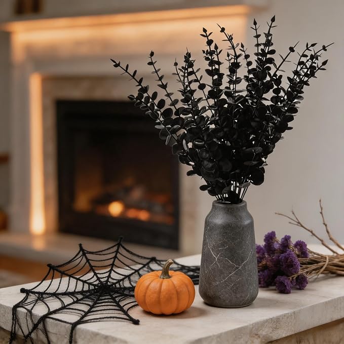 Tinsow 26 Pcs Black Artificial Eucalyptus Stems Faux Halloween Flowers Eucalyptuses Real Touch Leaf Centerpiece Home Decor (26, Black)
