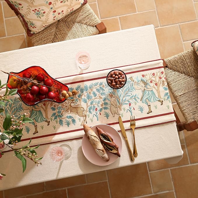 patdrea Designer Idyll Linen Table Runner, Vintage Beige Farmhouse with Ancient Spring Figure and Animal Pattern Table Mat, Decoration for Kitchen Dining Banquet Christmas ,12"*87"