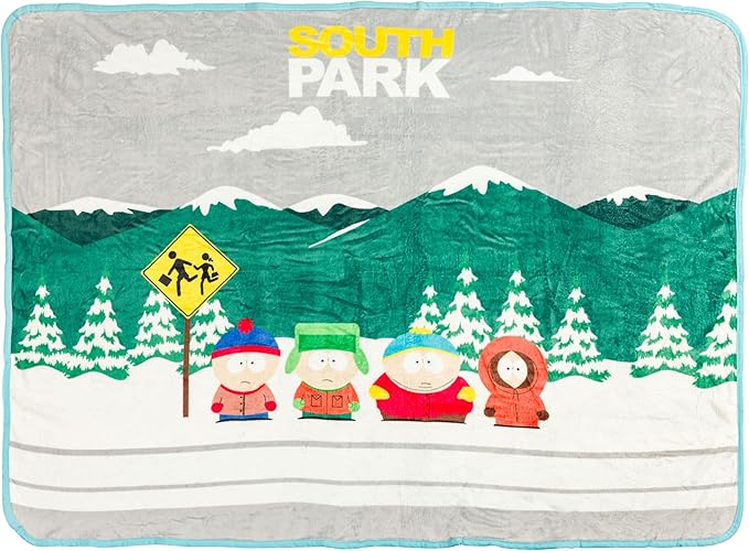 Silver Buffalo South Park Bus Stop Kyle Stan, Fleece Throw Blanket, 45x60in | Eric Cartman and Kenny, Soft and Cozy, 180 GSM