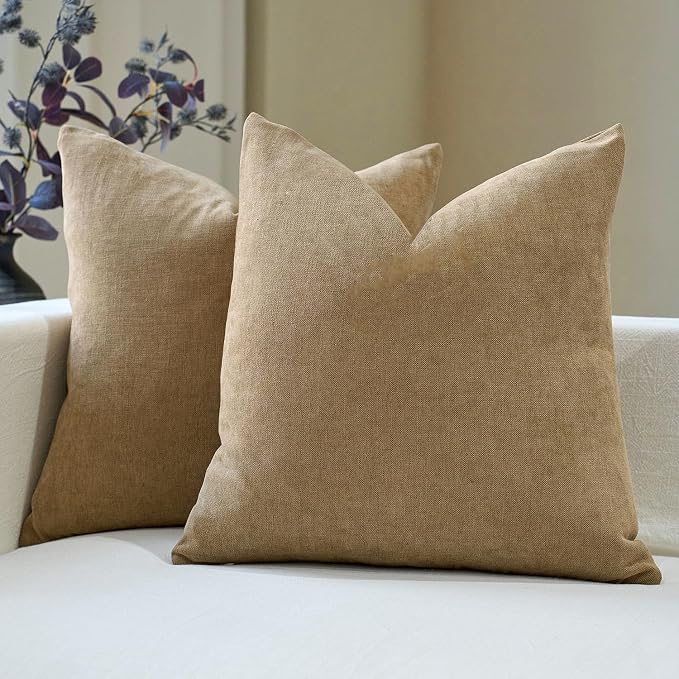 DOMVITUS Throw Pillow Covers 20x20 Pack of 2, Decorative Soft Soild Textured Accent Cushion Case, Neutral Boho Farmhouse Linen Pillow Covers for Couch Sofa Bedroom Living Room Home Decor, Khaki