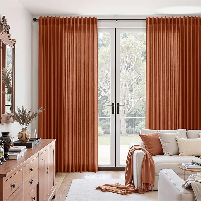 Extra Wide Linen Curtains for Living Room 90 Inches Long Terracotta Light Filtering Semi Sheer Boho Farmhouse Curtain for Bedroom Office Luxury Back Tab and Rod Pocket 100x90, 2 Panels