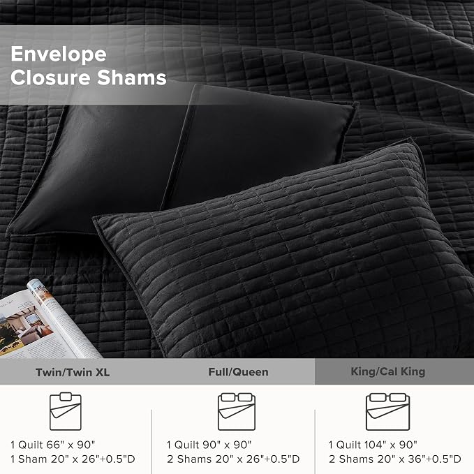Comfort Spaces Kienna King Quilt Bedding Set 3 Piece, 104"x90" Black | Soft Cozy Lightweight Summer Coverlet Cal King, Quilted Bedspreads Extra Layer, Modern Casual Bedroom Decor, OEKO-TEX